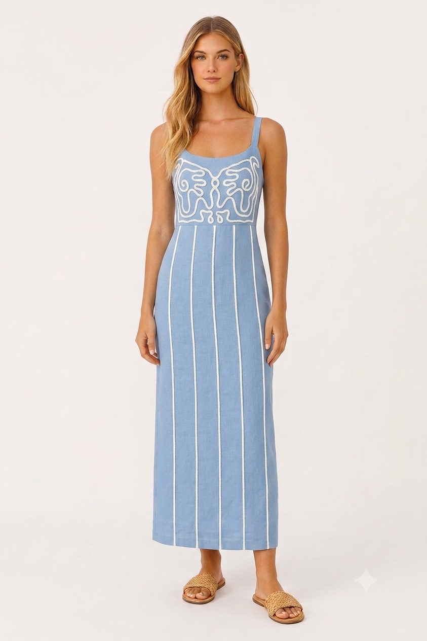 Blare Light Blue Embroidery Midi Dress