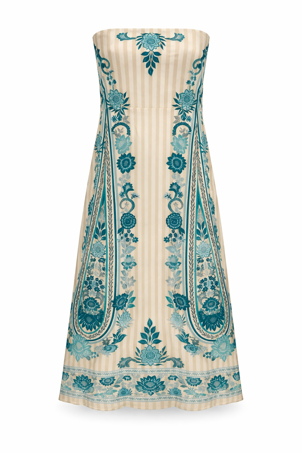 Dalton Paisley Stripe Strapless Midi Dress
