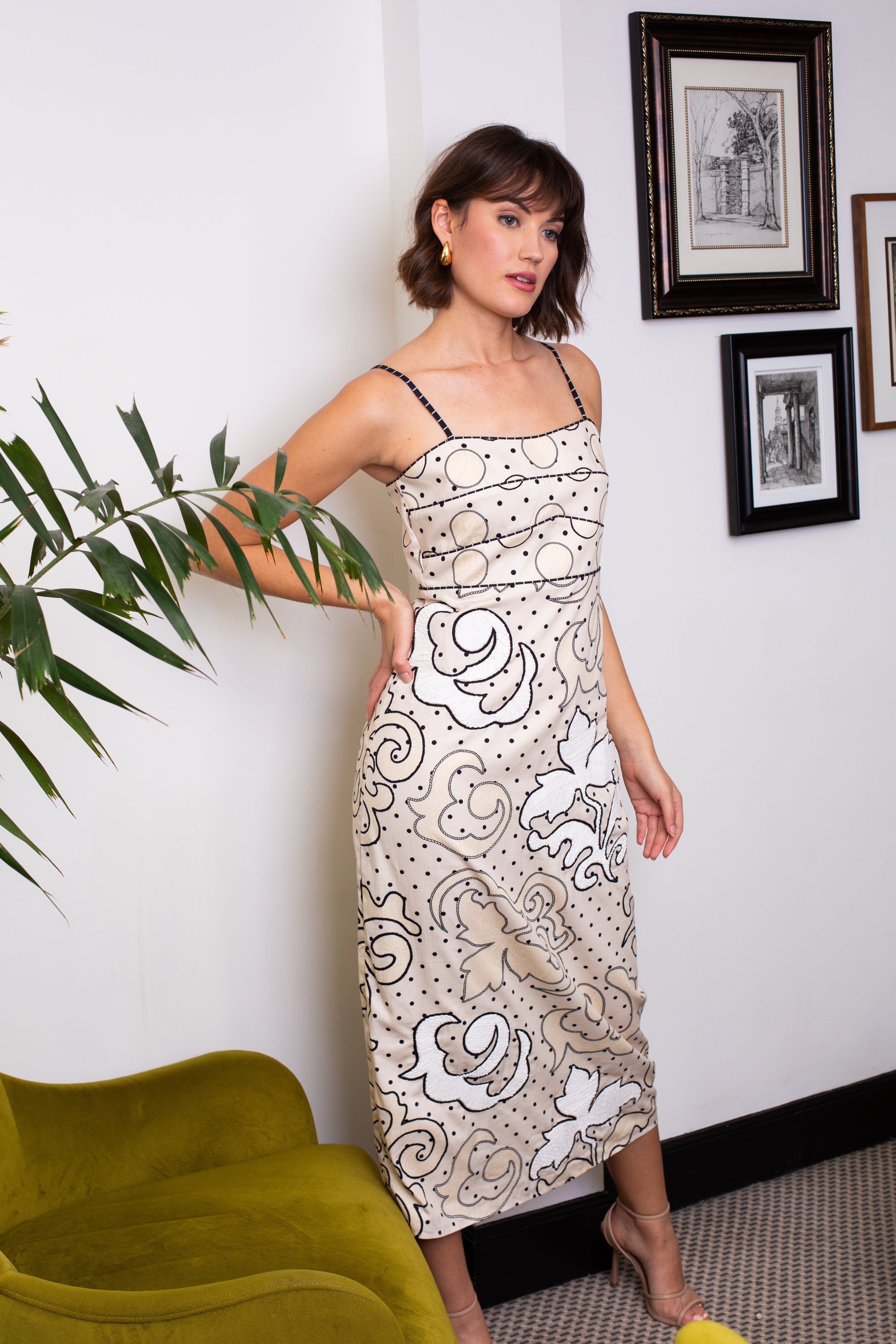 Sonya Ivory Noir Dotted Embroidery Midi Dress