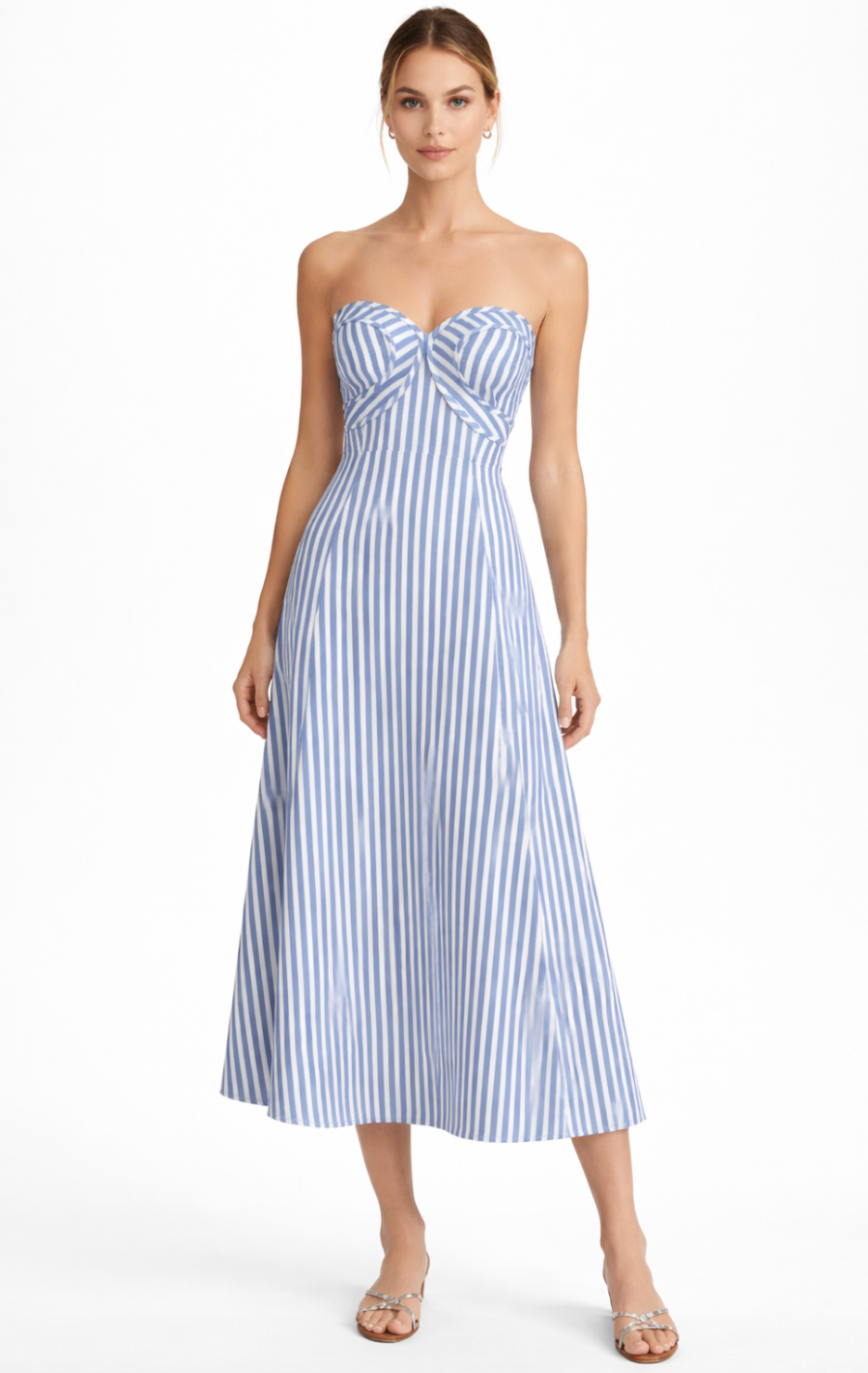 Hayden Coastal Blue Stripe Strapless Midi Dress